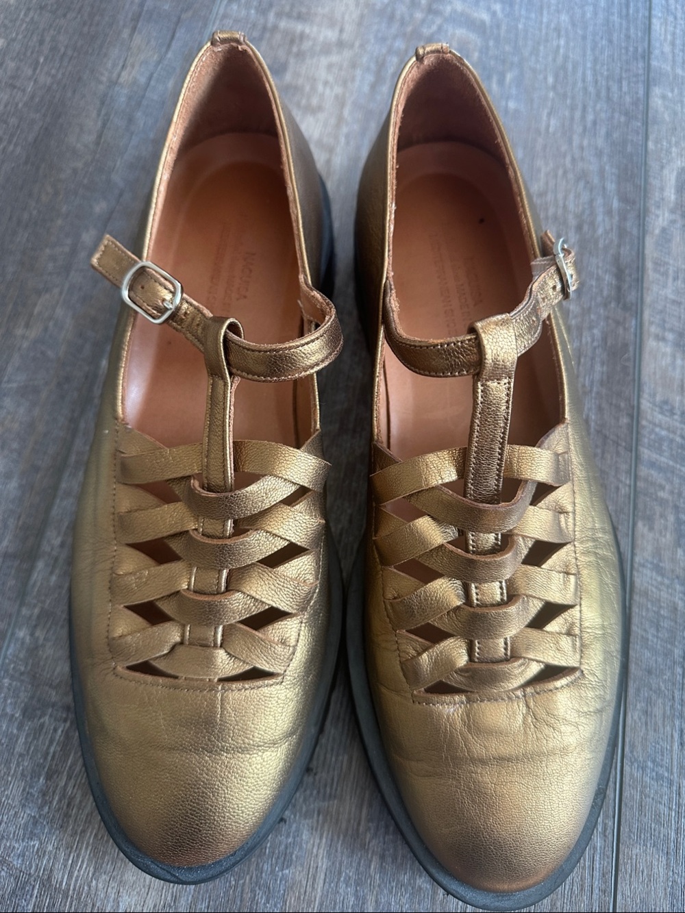Woven Metallic Gold Mary Jane Flats with T-Strap